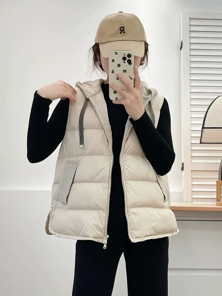 

Осенне-зимний вязаный пуховый жилет с капюшоном, женские белые жилеты без рукавов на утином пуху, женский повседневный стеганый жилет с двойной молнией