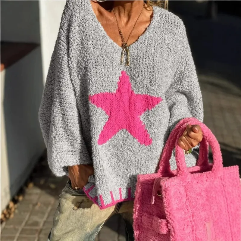 

2025 Autumn New Star Pattern Women's V-neck Sweater Casual Loose Knitted Sweater