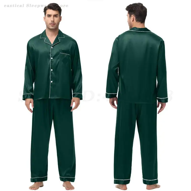 Men Satin Pajamas Set 2PCS Shirt&Pants Solid Color Pyjama Suit Long Sleeve Lounge Wear Sleepwear Loose Casual Nightwear Homewear