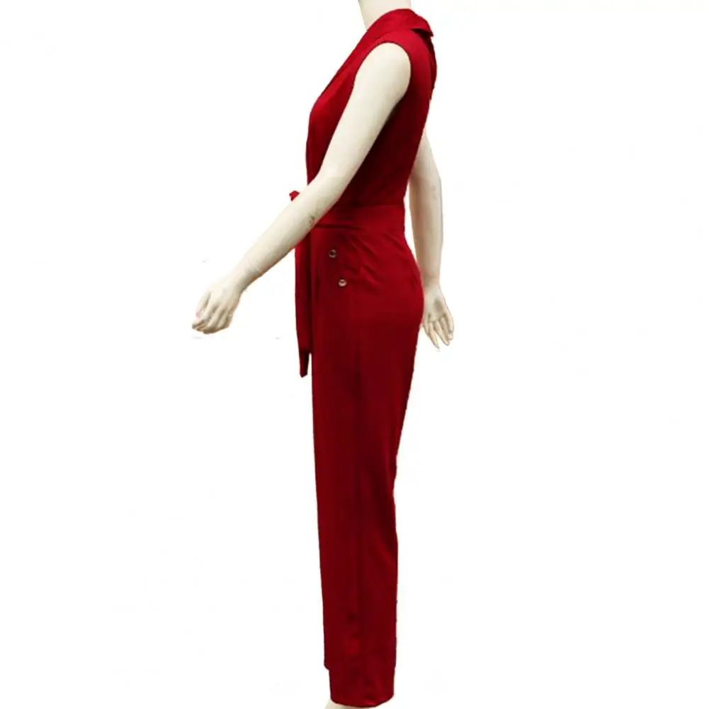 Jumpsuit warna Solid elegan, Jumpsuit leher V dengan tali renda, desain kaki lebar untuk wanita, gaya bisnis Formal untuk bepergian