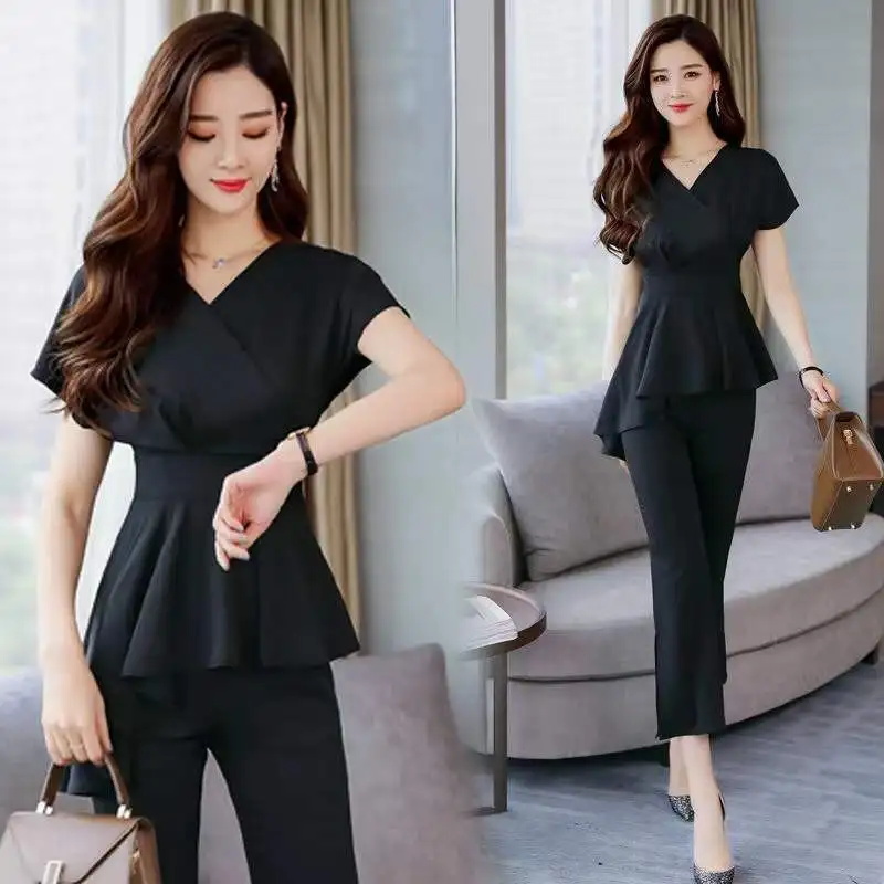 Casual Elegant Fashion Solid Folds Pant Sets Summer 2024 V-Neck Short Sleeve Top Elastic Waist Full Length Pants Slim Women Sets