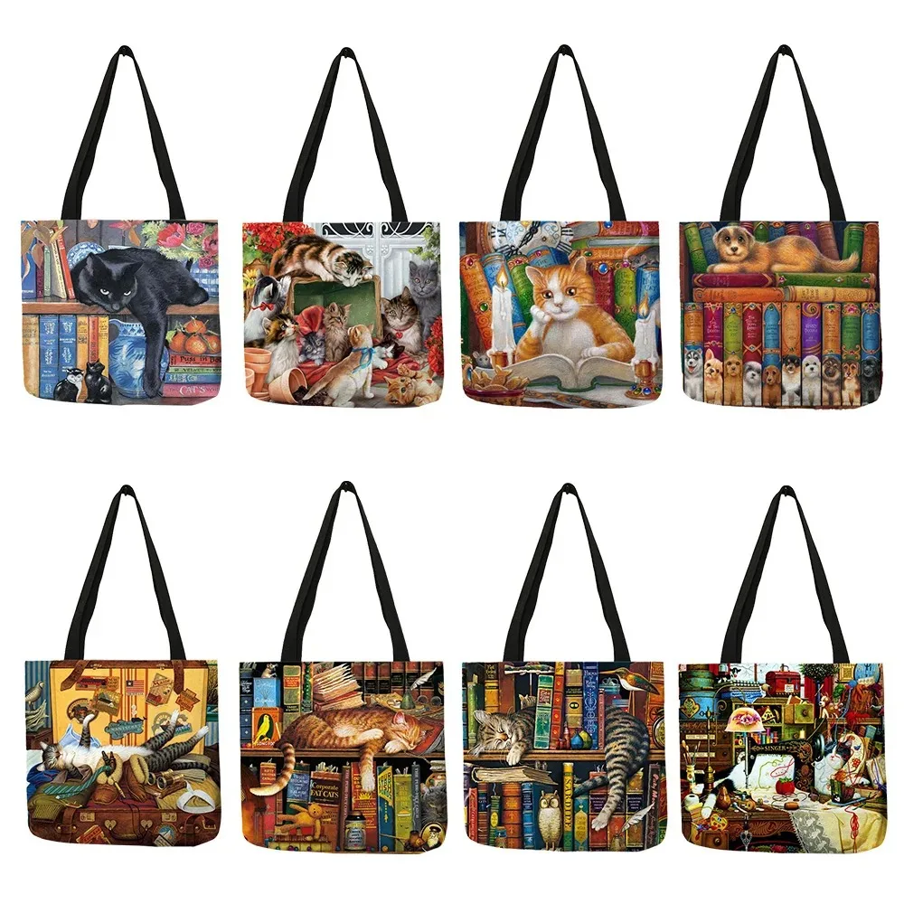 Oil Painting Cat Print Womens Designer Tote Bags Linen Reusable Shopping Bag For Groceries Shoulder Bags for Lady