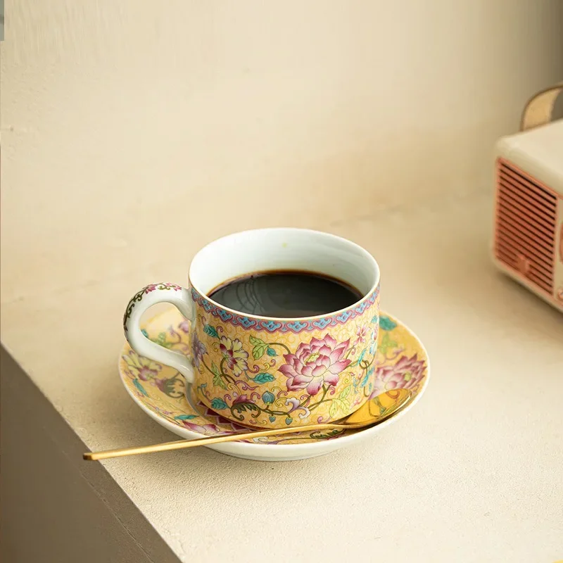 180ML Jingdezhen Palace Style Antique Enamel Color TeaCup Coffee Cup with Spoon Master Cup Office Household Ceramic TeaSet Gift