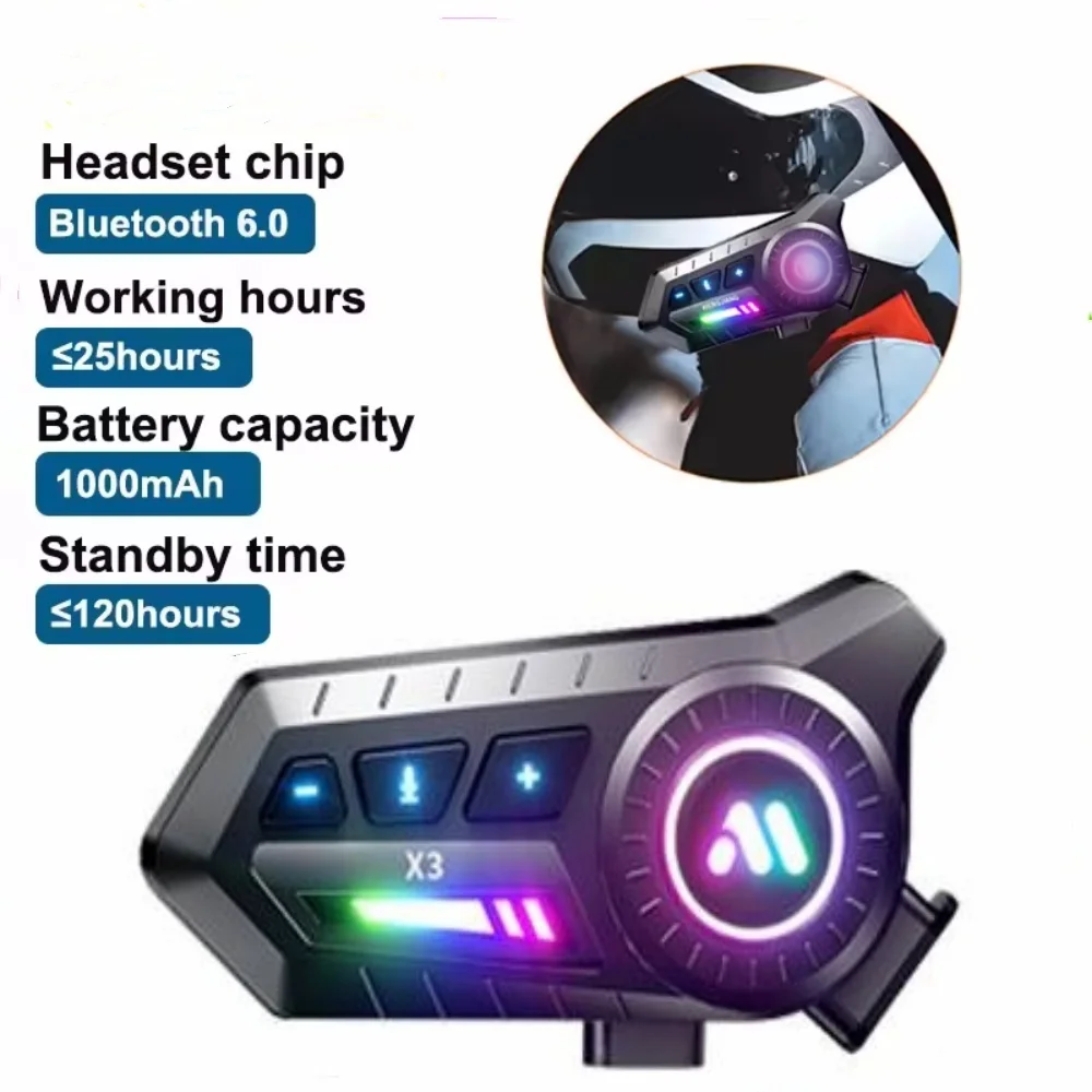 

X3 Motorcycle Helmet Bluetooth6.0 Headset RGB Colorful Light Effect 1000mAh Battery With Mixing IPX67 Waterproof Wireless Head