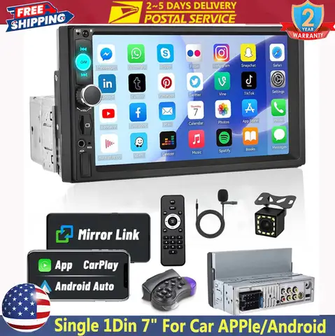 Universal 7" Single 1Din Touch Screen Stereo Bluetooth Car Radio For iOS/Android Carplay GPS With Handle Remote Control Camera