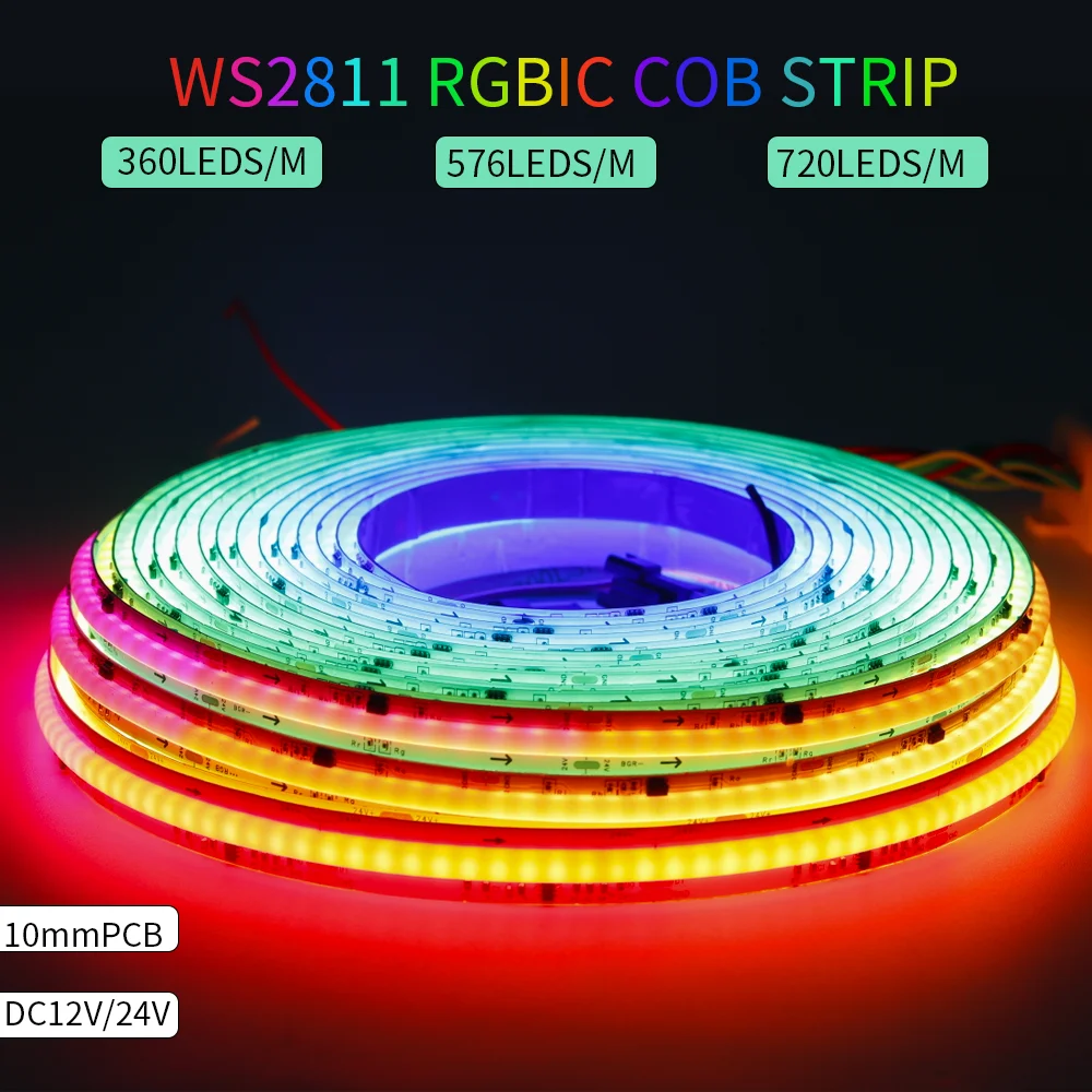 

Светодиодная лента WS2811 RGBIC COB, гибкая светодиодная лента в виде лошади для бега, полноцветная гибкая светодиодная лента для освещения 360/576/720 светодиодов/м, 12 В/24 В постоянного тока