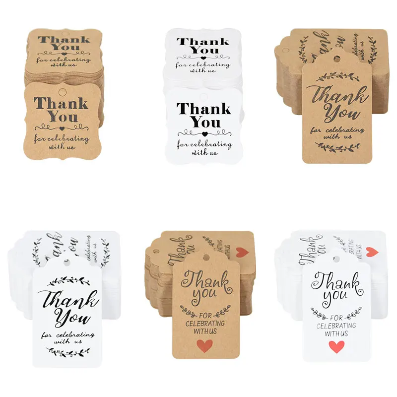 100Pcs Brown White Paper Gift Tags Thank You Card With Rope Celebrating Wedding Birthday Party Decoration Packaging Hang Paper