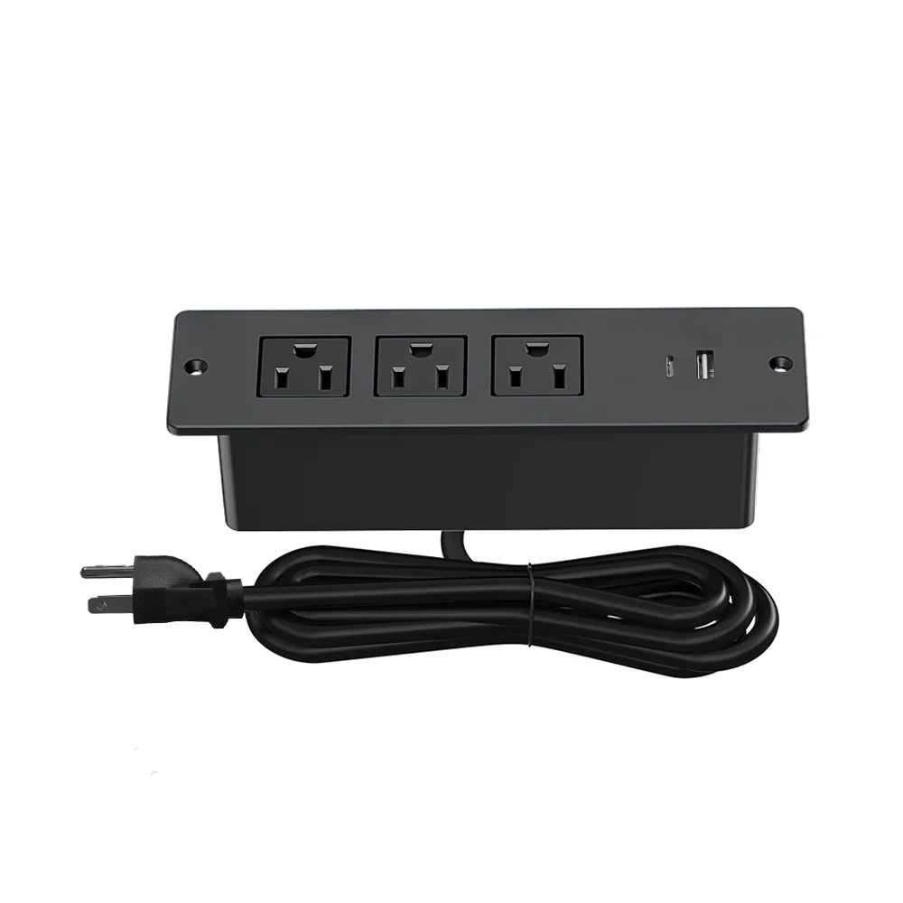 Recessed Embedded Power Strip 3 AC Outlets 1 USB-A & 1 Type-C (5V 2.1A) Flush
