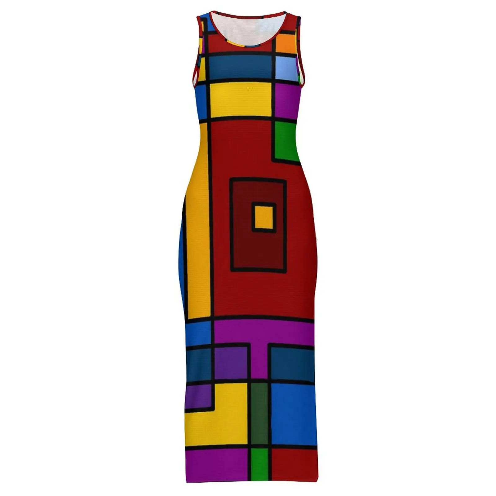 De Stijl Inspiriertes Kleid Ärmellose Abstrakte Kunst Street Style Maxi Kleider Schlank Sexy, Figurbetontes Kleid Dame Muster Oversize Vestidos