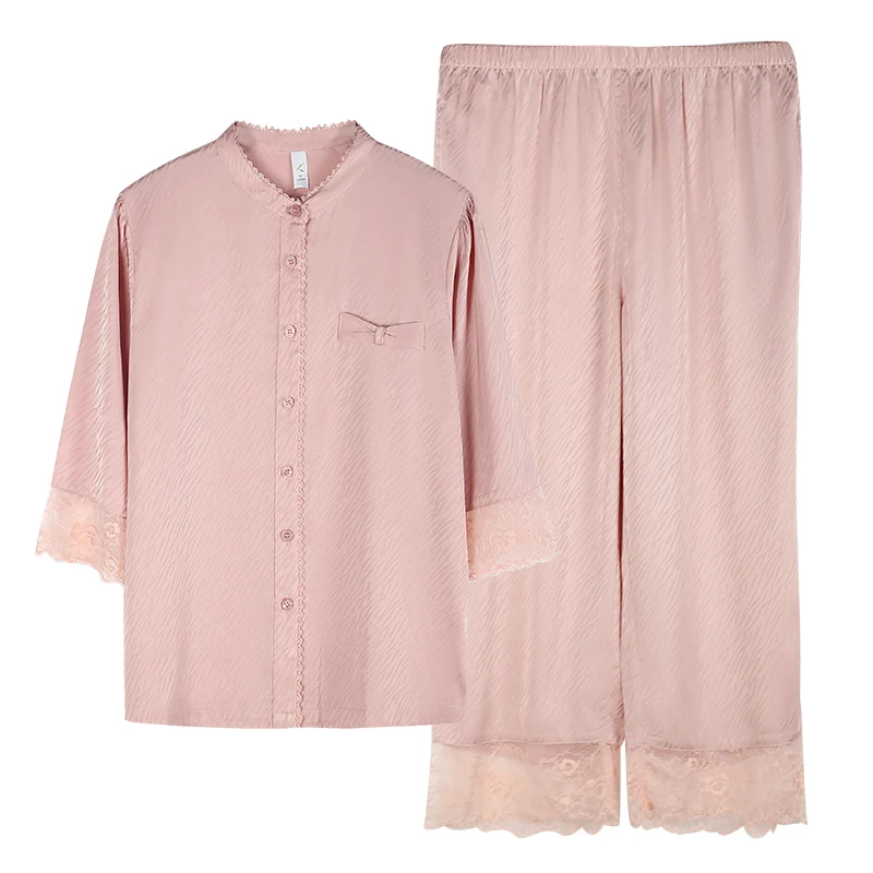 

Three-Quarter Sleeve Tops + Calf-Length Pants Summer Women Pajama Suit Silk Satin Pyjamas Sets Sleepwear Female Pijamas Homewear