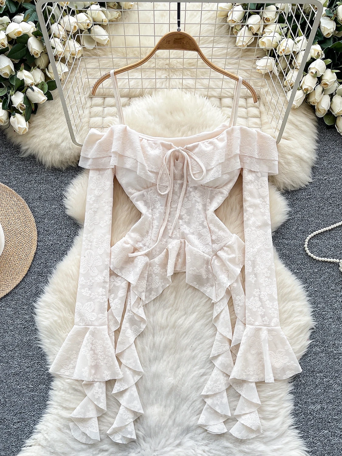 Elegant Off-Shoulder Irregular Hem Blouse Women's Fashionable Pure Desire Versatile Sash Shirt Korean Style Commute Wind