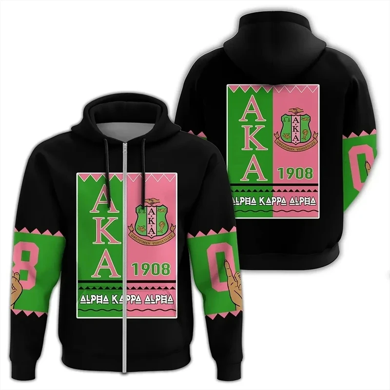 AKA 1908 Sorority Pullover Zip Up Hoodies For Women 3d Printed Casual Oversized Personality Anniversary Sweatshirts Women's Coat