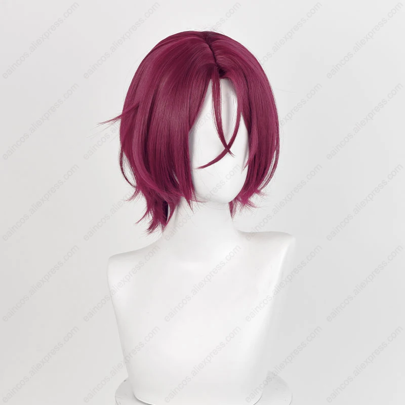 Rin Matsuoka Cosplay Pruik 33Cm Donkerroze Rode Pruiken Hittebestendige Synthetische Hoofdhuid Pruiken