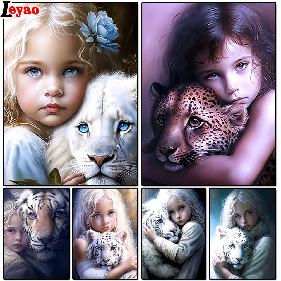 

Diamond Painting Cute Girl With Tiger Picture Rhinestones Diamond Embroidery Girl Cross Stitch Religion Mosaic Art Home Decor