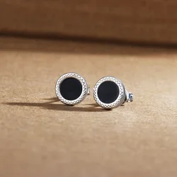 Trendy Black Round Patterned Earrings for Men Personalized Earrings Simple 925 Sterling Silver Ear Stud Male Jewelry KOFSAC