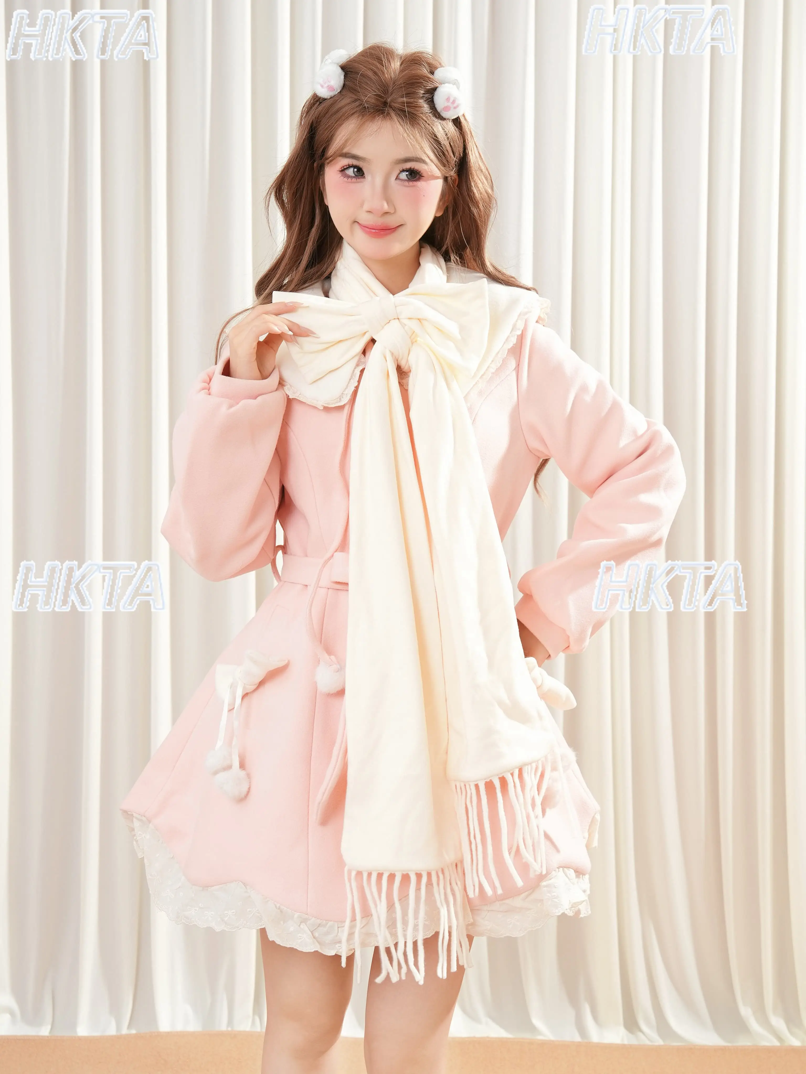 

Japanese Style Sweet Cute Lolita Woolen Coat Jackets Women Autumn New Kawaii Plush Bow Waist Long Pink Coat Scarf for Women