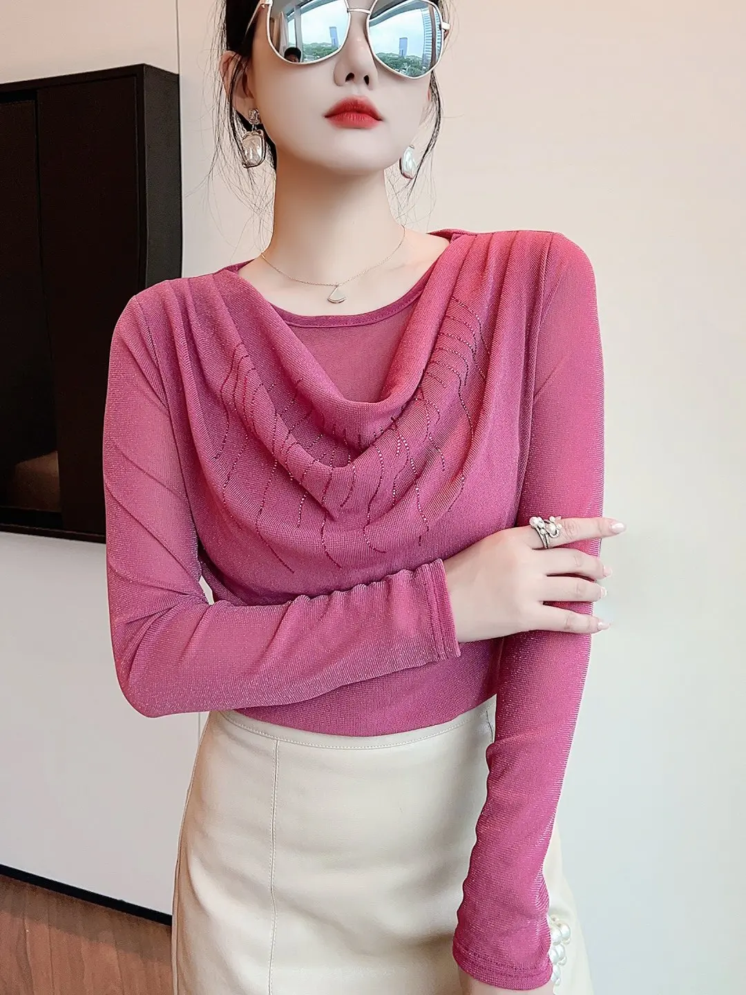 Elegant Long Sleeve T-Shirt Women's Mesh Ruffle Collar Base Shirt Slimming Trendy Autumn 2026 New High-End Feeling Drill Top