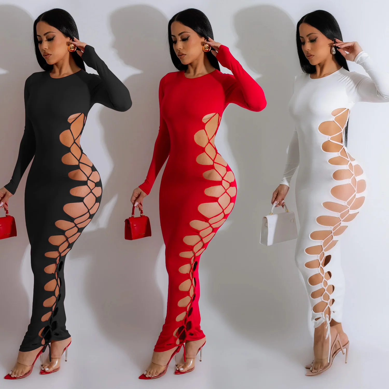 

Nightclub Fashion Sexy Women's Wear Solid Color Round Neck Sexy Rope Tie Long Dress Women's Birthday Party Clothing