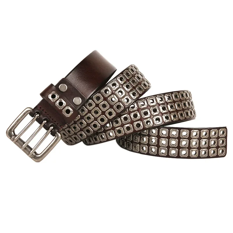 Metal Punk Hollow Rivets Alloy Buckle Men's First Layer Cowhide Belt Women's Three-pin Buckle MenCeinture Homme KBP0001