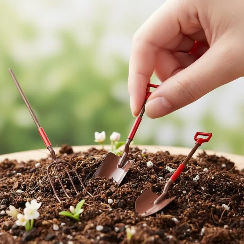 1 to 12 Scale Dollhouse Gardening Tools Set 3PCS Metal Shovel and Rake for Fairy Garden Scene Decor