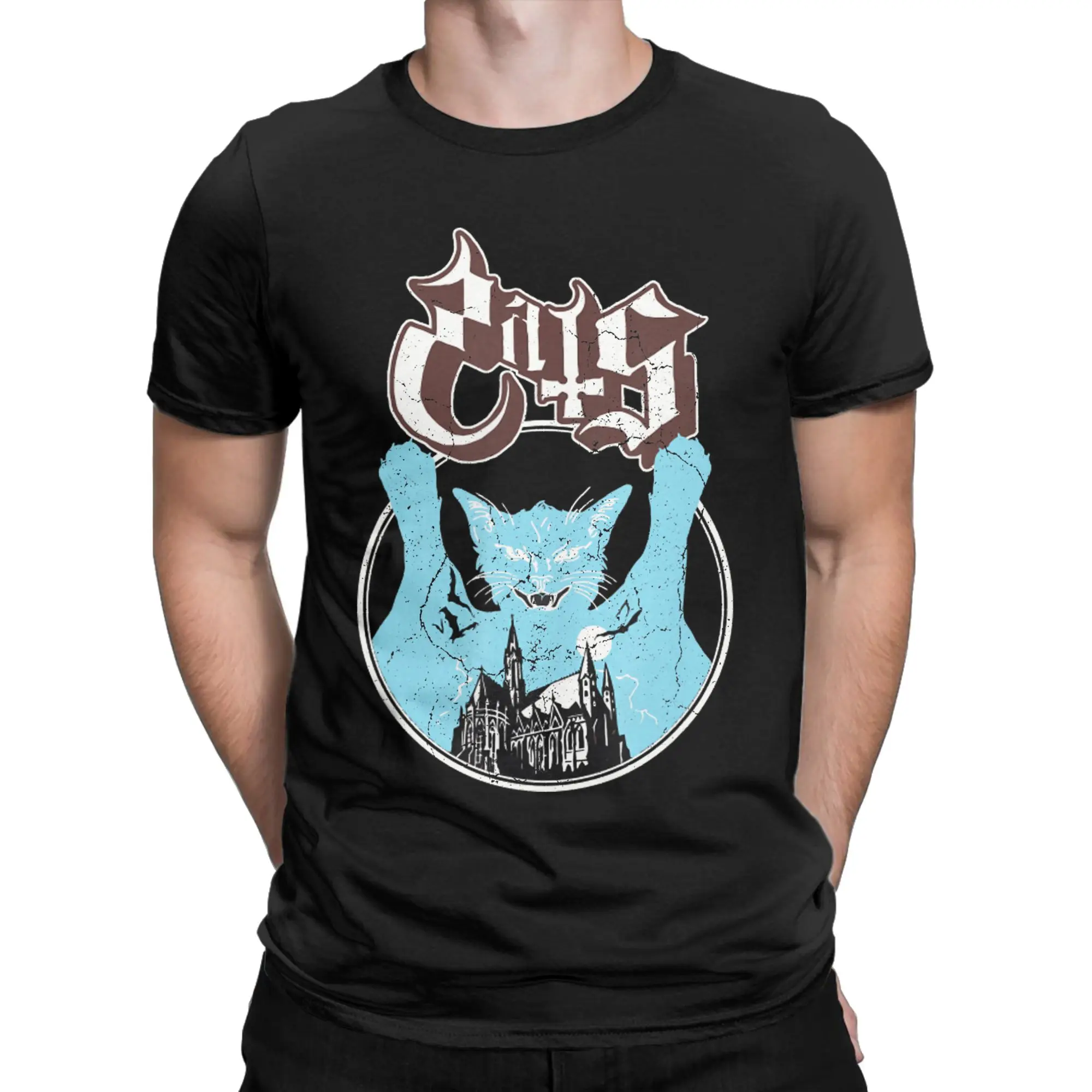 Ghost Vintage Meow Cat Friend Rock Ghost classicNovelty 100% Cotton T-Shirt Halloween Tees Tops For Men