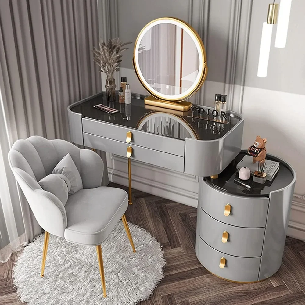 

3 Color Light Adjustable Brightness , with 3 Drawers, Side Cabinet, Chair and Glass Top Large Vanity Table Set,80cm/31.5in