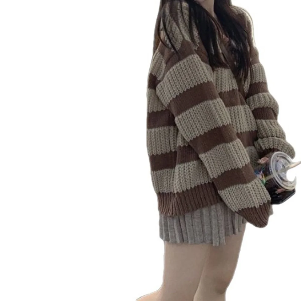 Vintage Brown Striped Sweater Women Harajuku Oversize Pullover Jumper Preppy Jerseys Casual Knitted Tops