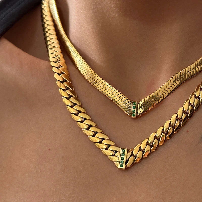 Colored gemstone cuban link chain necklace stainless steel v shape necklace for women dainty minimalist jewelry non tarnish jewe