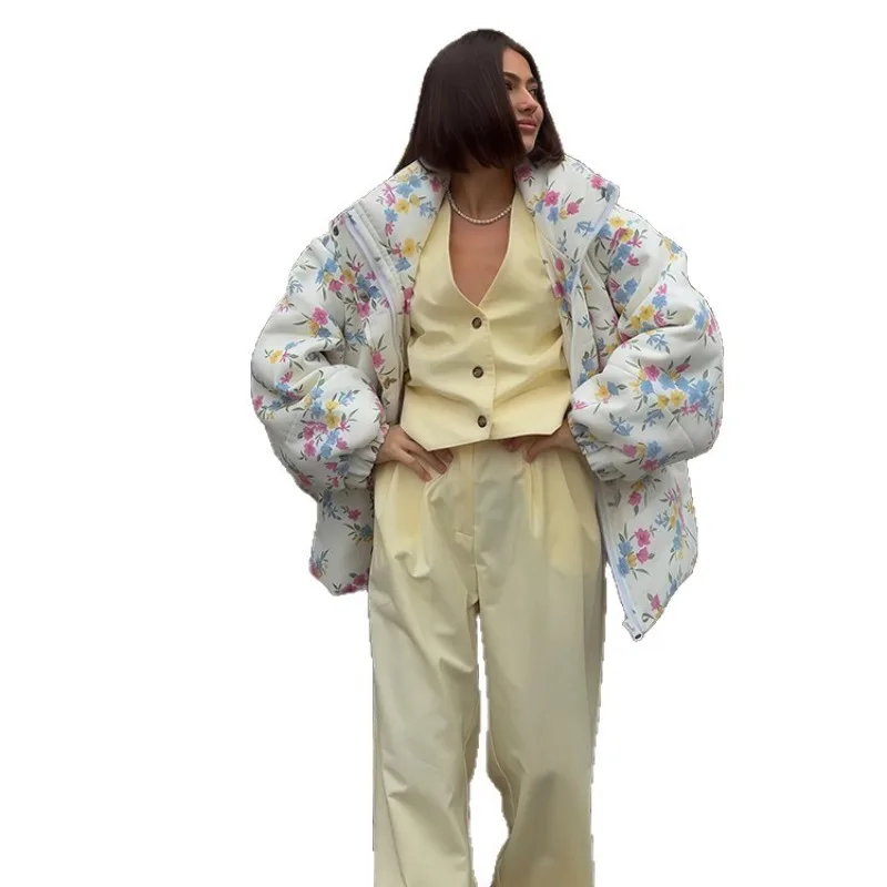 معطف نسائي لخريف وشتاء 2025 بياقة واقفة وسحاب معطف دافئ مطبوع سترات أمريكية فضفاضة غير رسمية ملابس نسائية