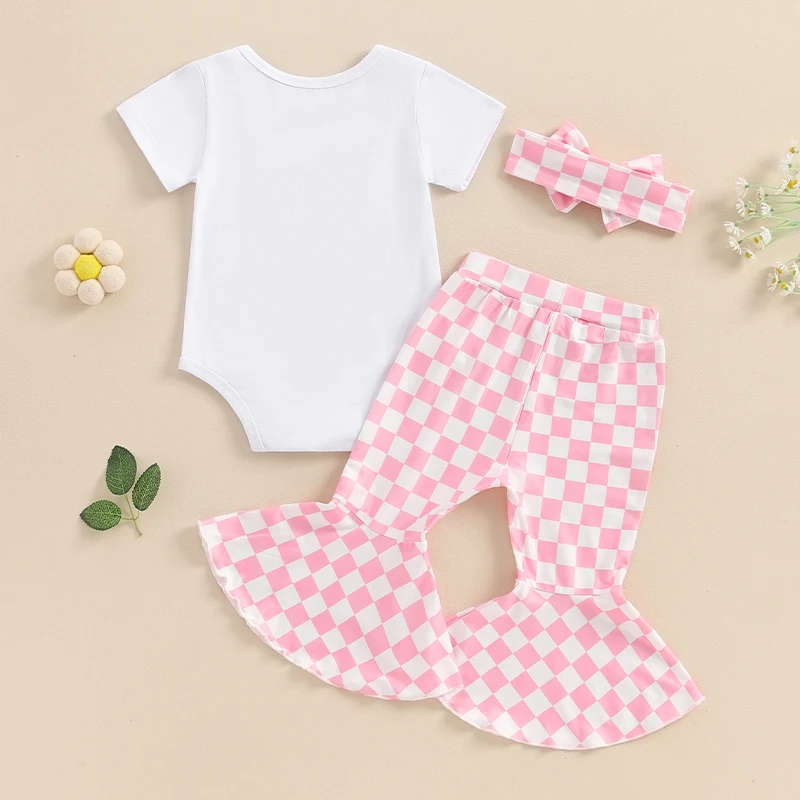 2024-04-09 Lioraitiin Baby Girl 3Pcs Outfit, Letter Embroidery Short Sleeve Romper Checkerboard Flare Pants Headband Summer Set