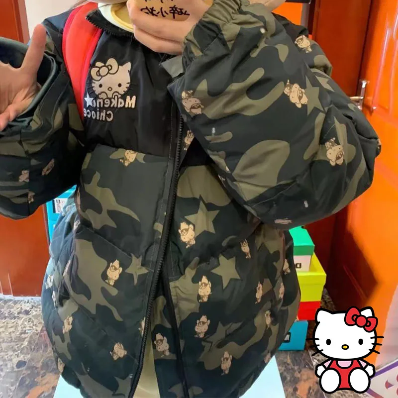 

Sanrios Hello Kittys Women's Cotton Padded Jacket Autumn Winter Zipper Jacket Y2K Couple Thicken Warm Cotton Clothes Trendy Coat