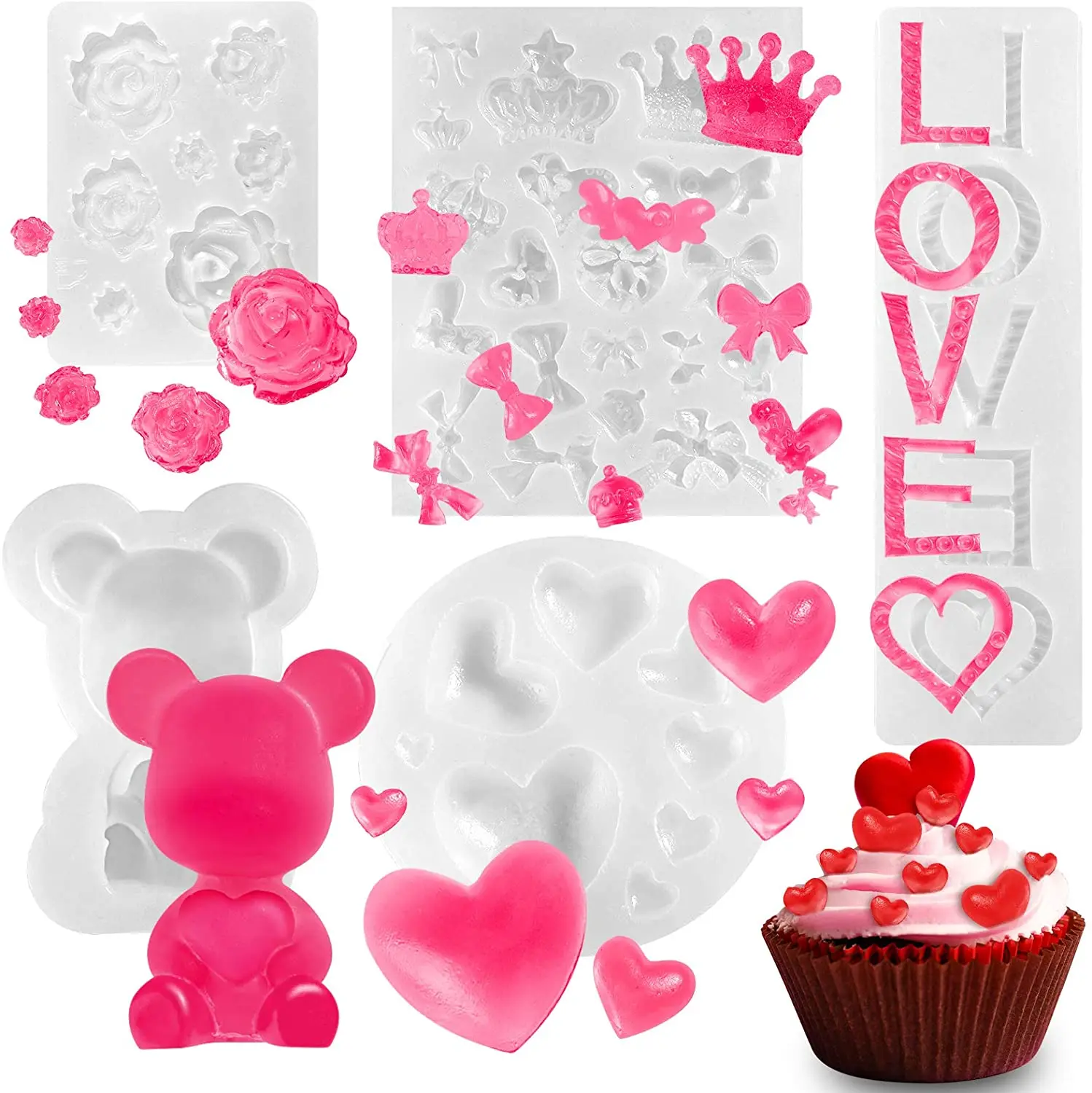 5Pcs Valentine's Day Silicone Candy Chocolate Moulds Wedding Bear Heart Love Rose Flower Bow Mold Fondant Cake Decoration Cupcak