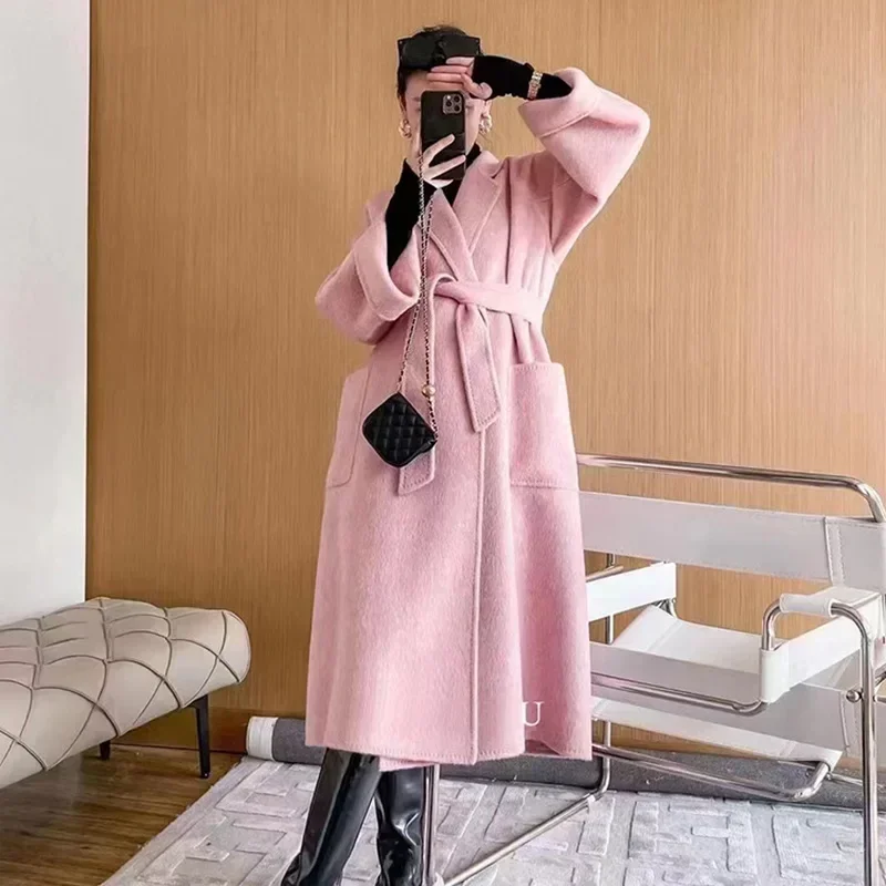 long-haired bathrobe belt double-sided cashmere coat, classic women's coat manufacturer wholesale