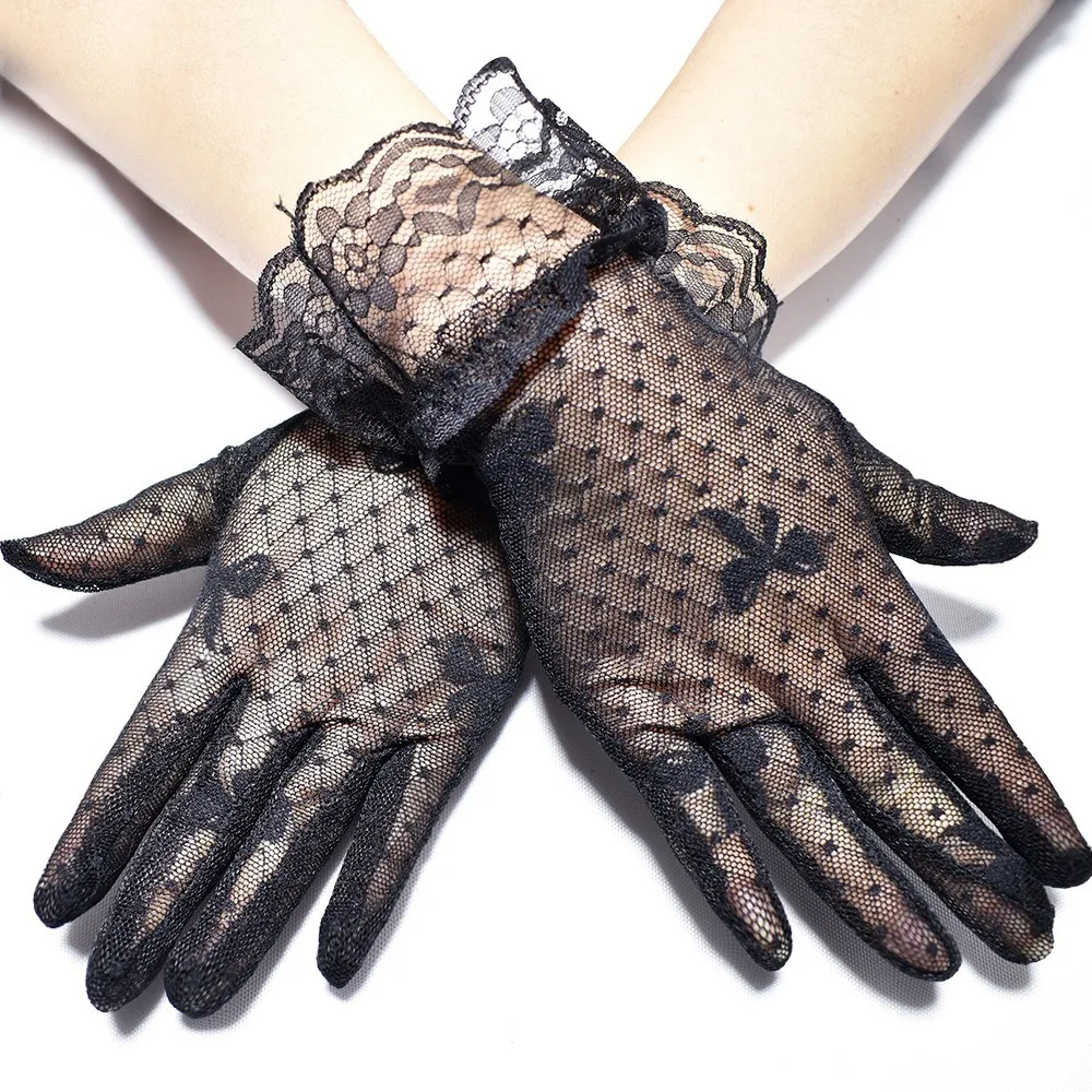 

Fashion Full Finger Bow Short Sunscreen Lace Gloves Mesh Breathable Bridal Gloves Transparent Anti-UV Tulle Mittens Women