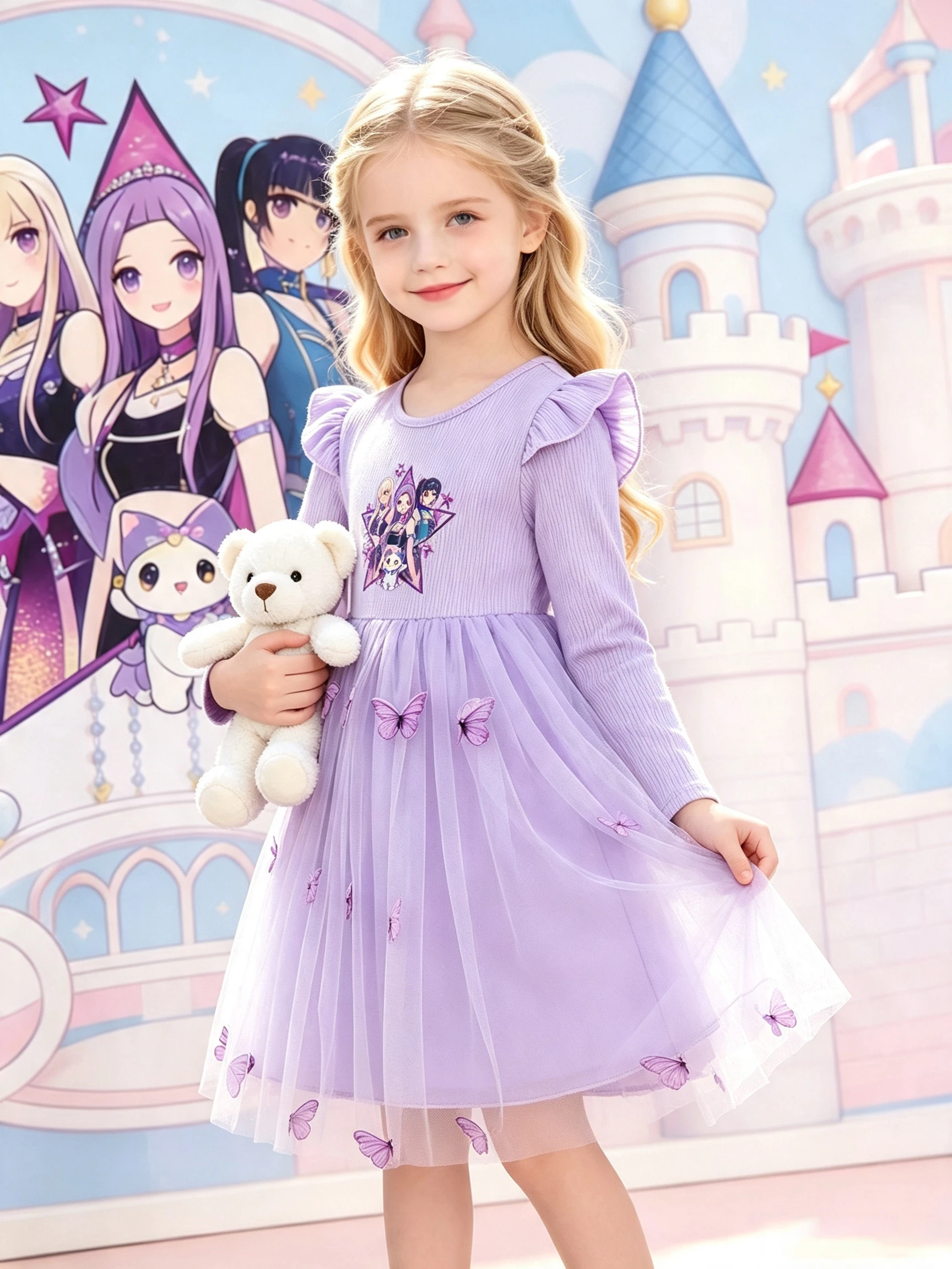 Mädchen-Cartoon-Print Langarm-Tüll-Prinzessinnenkleid, hellviolettes Kleid mit Flügelärmeln und 3D-Schmetterlingen, Kinderkleidung – Detail 2