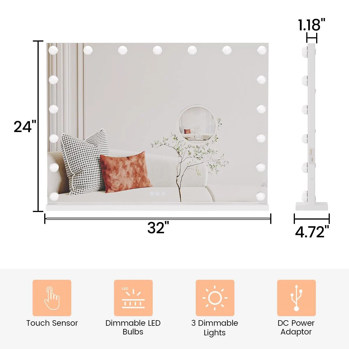 Make-upspiegel met verstelbare LED-verlichting, 3x vergroting Smart Touch-bediening met drie instelbare kleurmodi voor slaapkamer