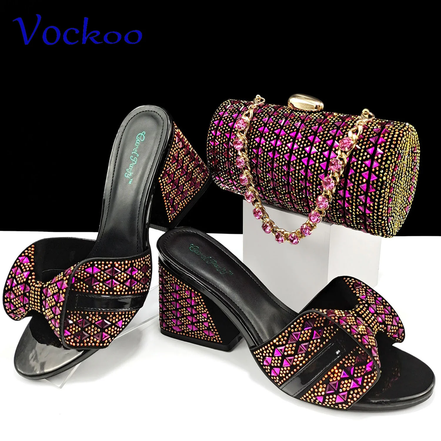 Magenta Summer New Design Italian Shoes and Bag Set Decorate with Crystal Comfortable Heels Slipper for Garden Party