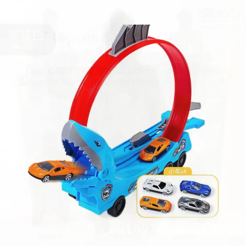 مجموعة ألعاب سيارة المنجنيق للأطفال على شكل ديناصور وسمك القرش - تجميع مجاني لسيارات السباق للأولاد - ألعاب مسار منزلقة بلاستيكية #6