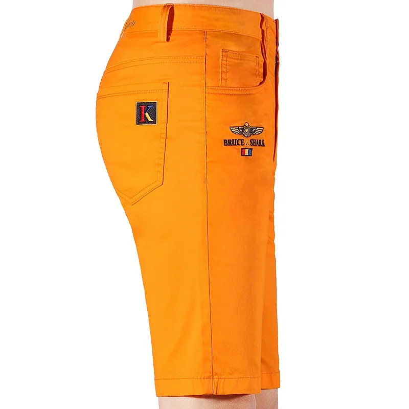 New Summer Men\'s Shorts Half Bruce&Shark Thin Zip Straight Cotton Casual Fashion Loose Stretch Men Trouser Knee Length  Orange