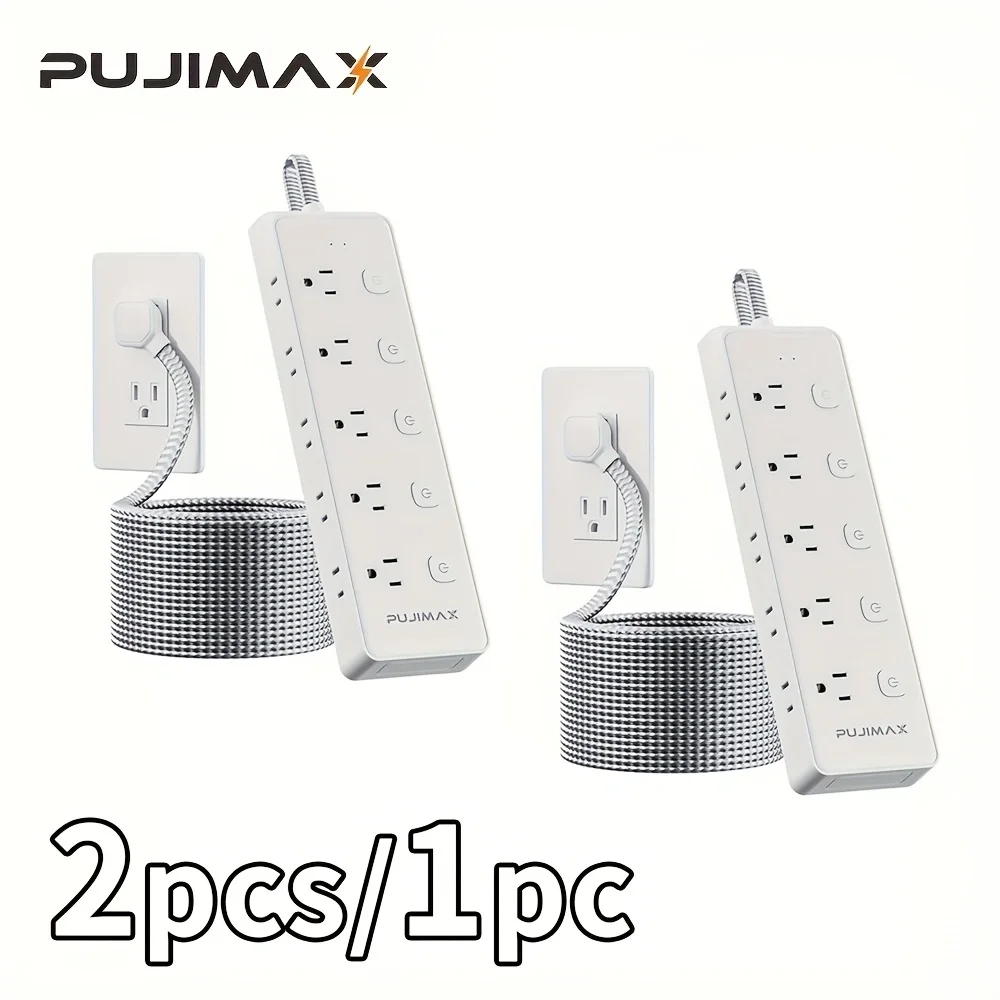PUJIMAX 2-pack / 1-unit Comes with a 59.06-inch Braided Cable Power Board, 10 AC Plug Ports, Surge Protection, Voltage Stabilization, Simple and Stylish Design, Easy to Install, Suitable for Home, Office, School, Dormitory, Must-have for Home Life.
