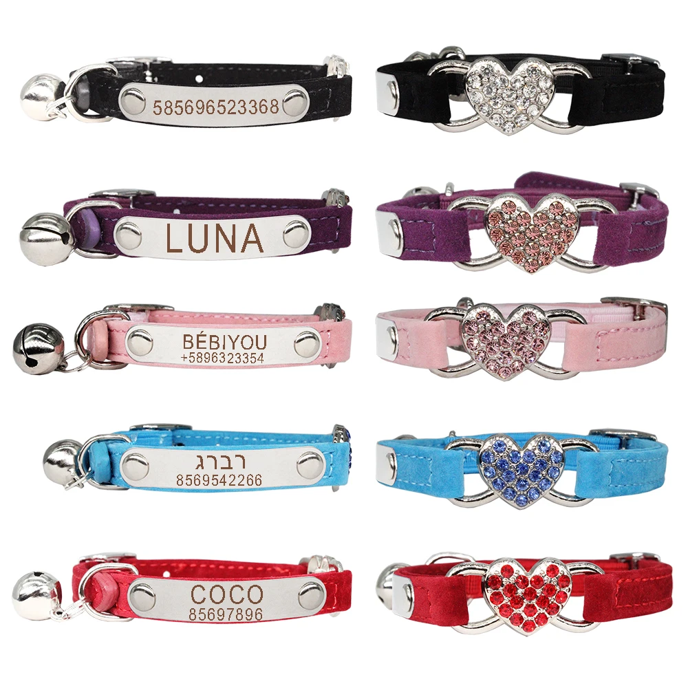 Heart Cat Collar Safety Name Personalized ID Engraving Adjustable with Soft Velvet Material 5 color Pet Product Small Dog Collar