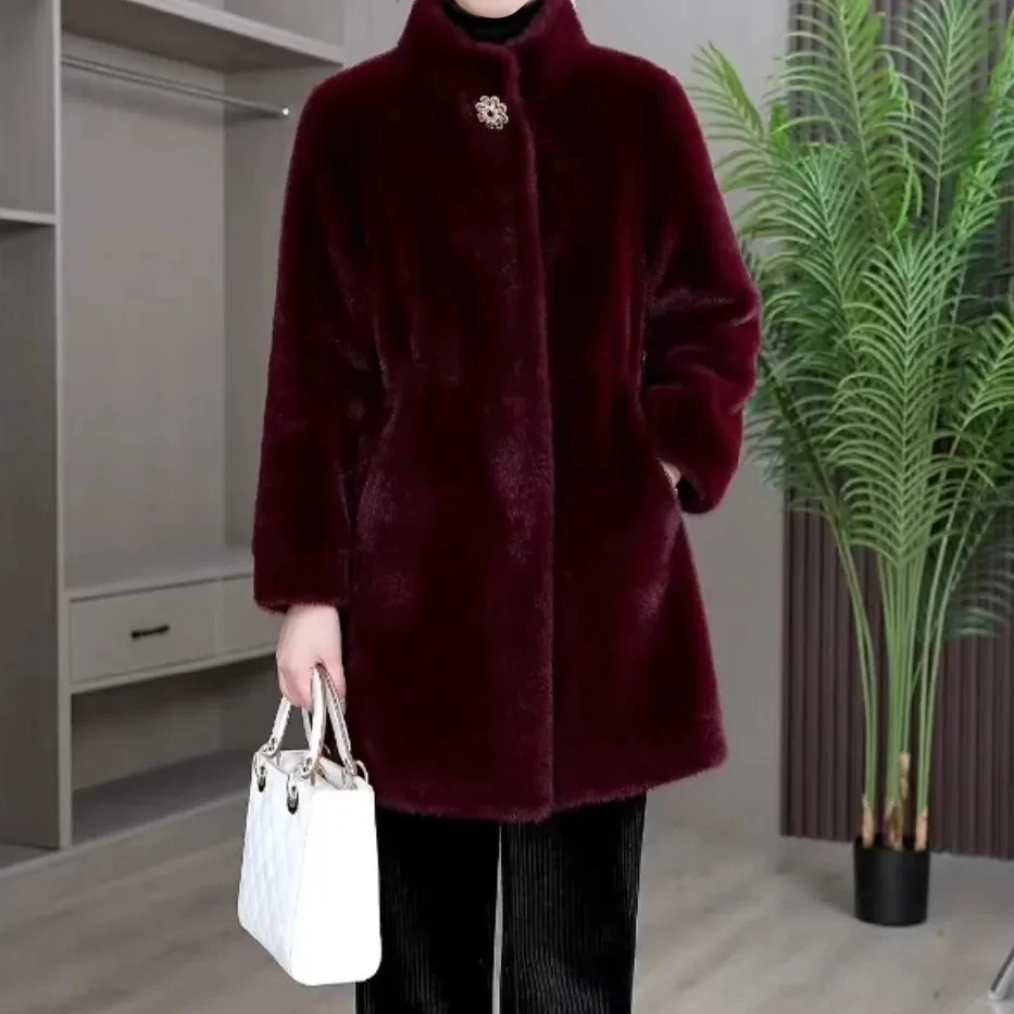 2025 Autumn winter New stand collar Fur integrated Coat Black Fashion Temperament Slim imitation fur Coat Women's Warm Overcoat