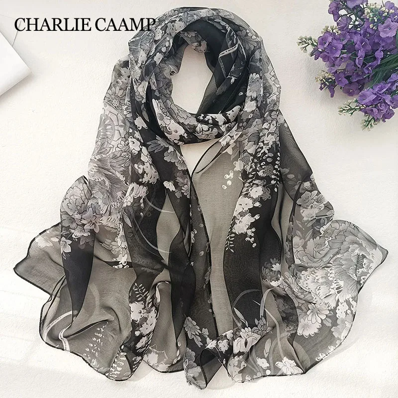 

New Elegant Plum Blossom Peony Print Floral Women Chiffon Georgette Head Scarf Ladie Shawl and Wrap Female Foulard Hijab Scarves