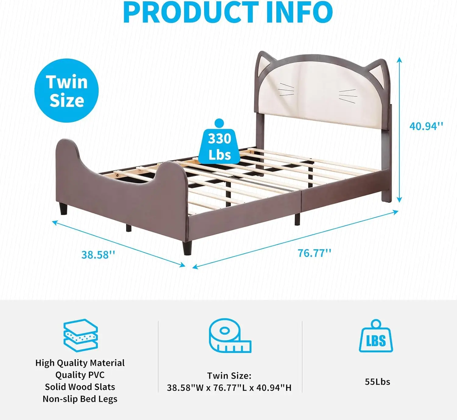 Mjkone-Marco de cama doble para niños, cama para niños con cabecero tapizado y reposapiés, cama Linda única, estilo de oreja de gato para Niños, Niñas