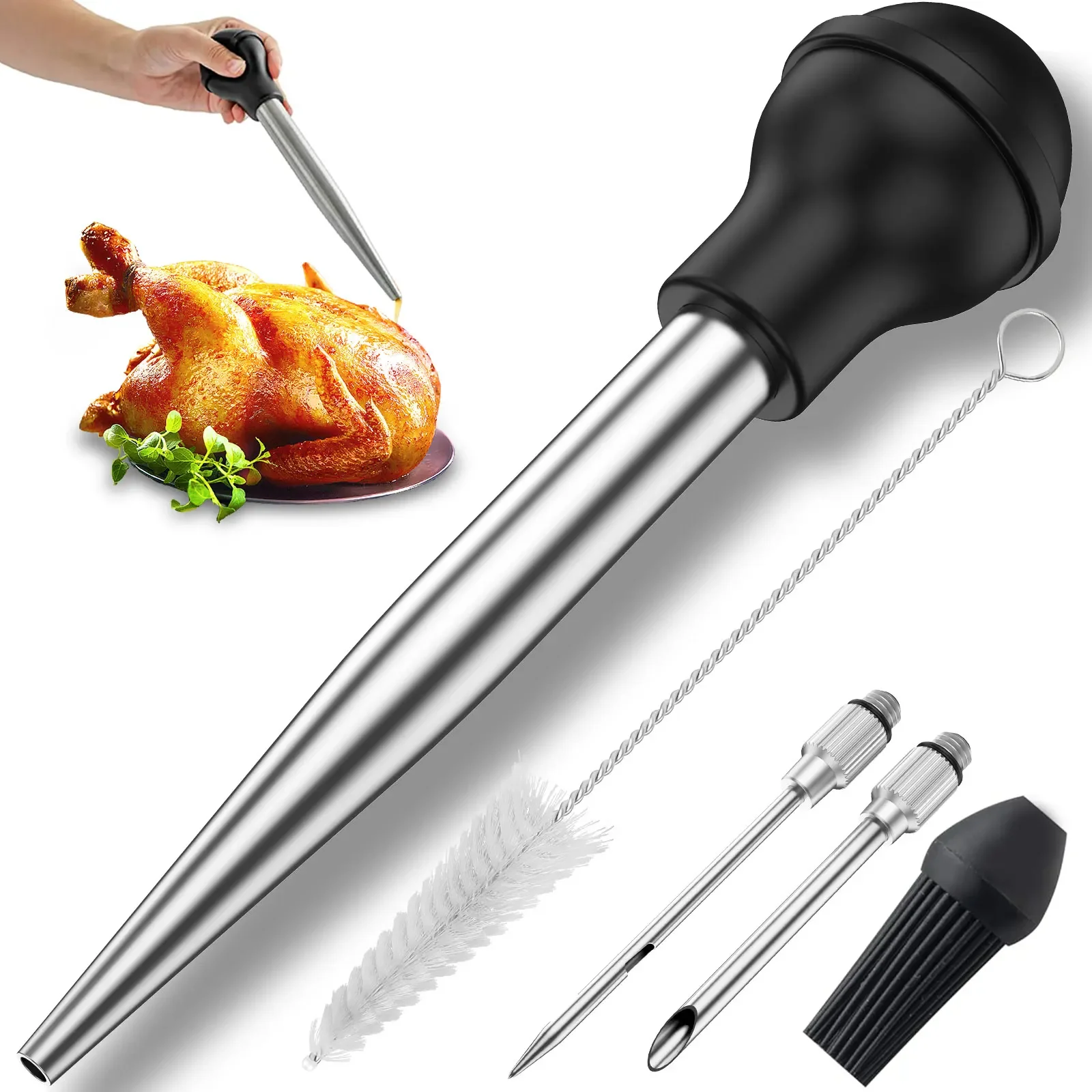 Stainless Steel Turkey Baster Syringe with Needles Cleaning Brush Meat Marinade Injector for BBQ Grill Baking Kitchen Cooking