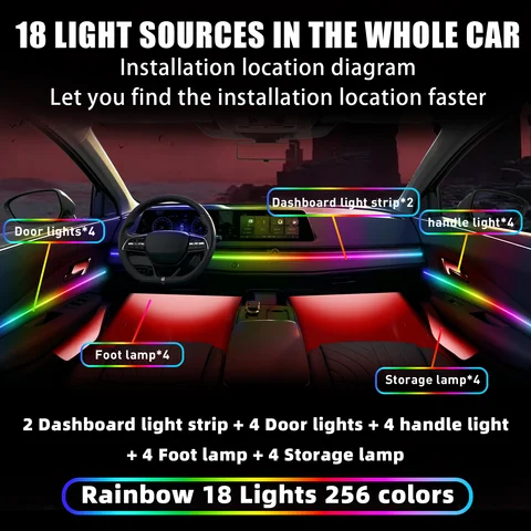 For TOYOTA Camry 2006-2010 CAR AMBIENT LIGHTING colorful 18 Lights kit 256 colors iridescent 18 in 1 LED Interior Hidden Acrylic Strip Symphony Atmosphere Lamp Neon acrylic light strip  Lighting and decorative lamps Long Standby Car Decorative Light
