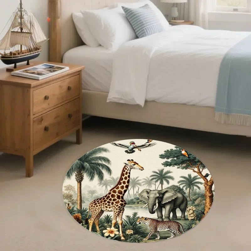 Retro Savannah Wildlife Circular Area Rug  Palm Tree Jungle Giraffe Elephant Print Round Mat Vintage Safari Kids Room Floor Rug