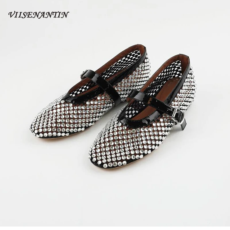 2024 New Flats Ballet Shoes Women Rhinestone Decor Mesh Hollow Out Mary Janes Shoes Round Toe Buckle Belt Casual Sandals Females