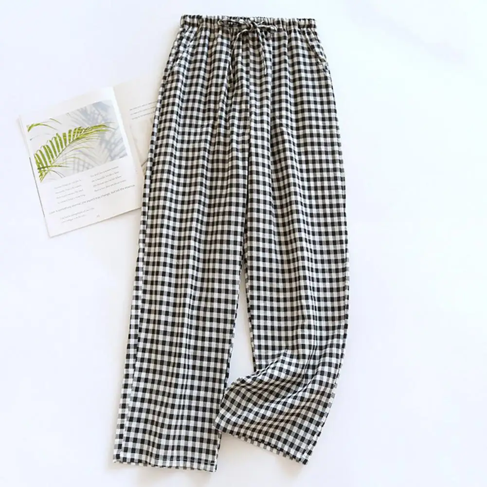 

Women Plaid Long Pants Summer Loose Pants Drawstring Elastic Waist Trousers Straight Wide Leg Lady Pajamas Trousers With Pockets