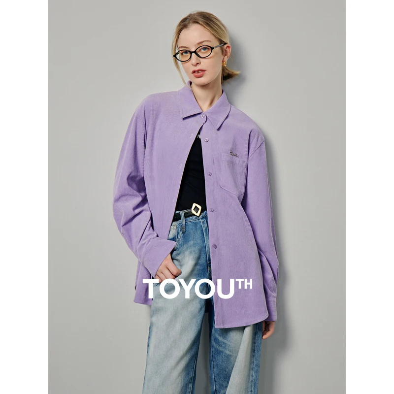 

TOYOUTH Women Corduroy Shirt 2024 Spring New Pocket Turn Down Collar Single-breasted Button Ladies Streetwear Shirt Purple Color